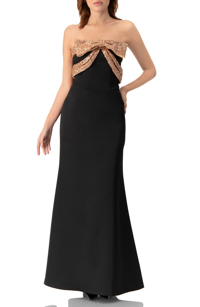 IVONNE Long Strapless Dress with Sequin Bow, Main, color, Black
