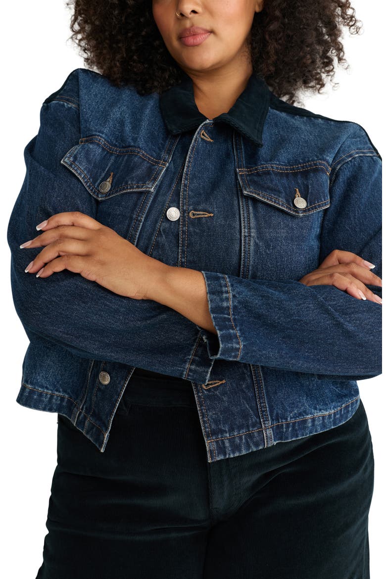 AVL Crop Denim Jacket with Corduroy Collar, Alternate, color, MERCER