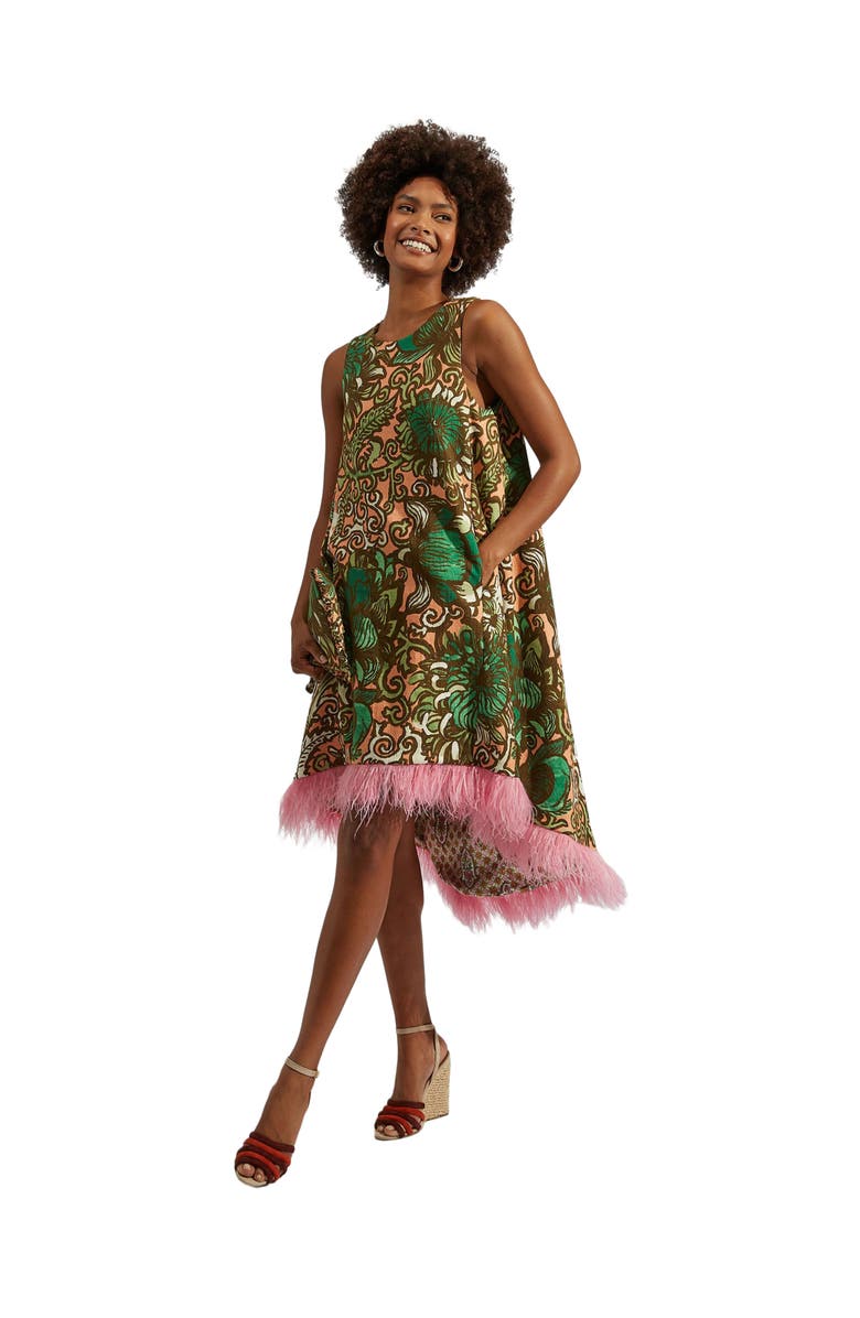 La DoubleJ La Scala High Dress With Feathers Anemone Pink Olive, Main, color, 