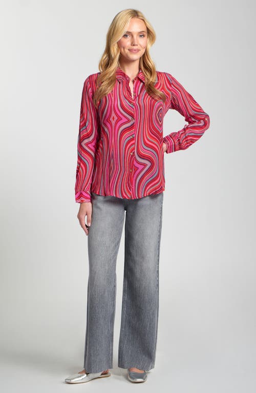 Apny Abstract Print Roll Tab Sleeve Chiffon Button-up Shirt In Pink