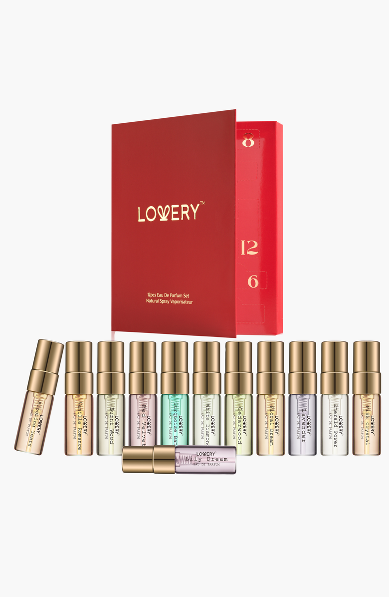 Lovery 12 Days of Glow 12-Piece Assorted Sampler Travel Perfume Gift Set, Main, color, Red