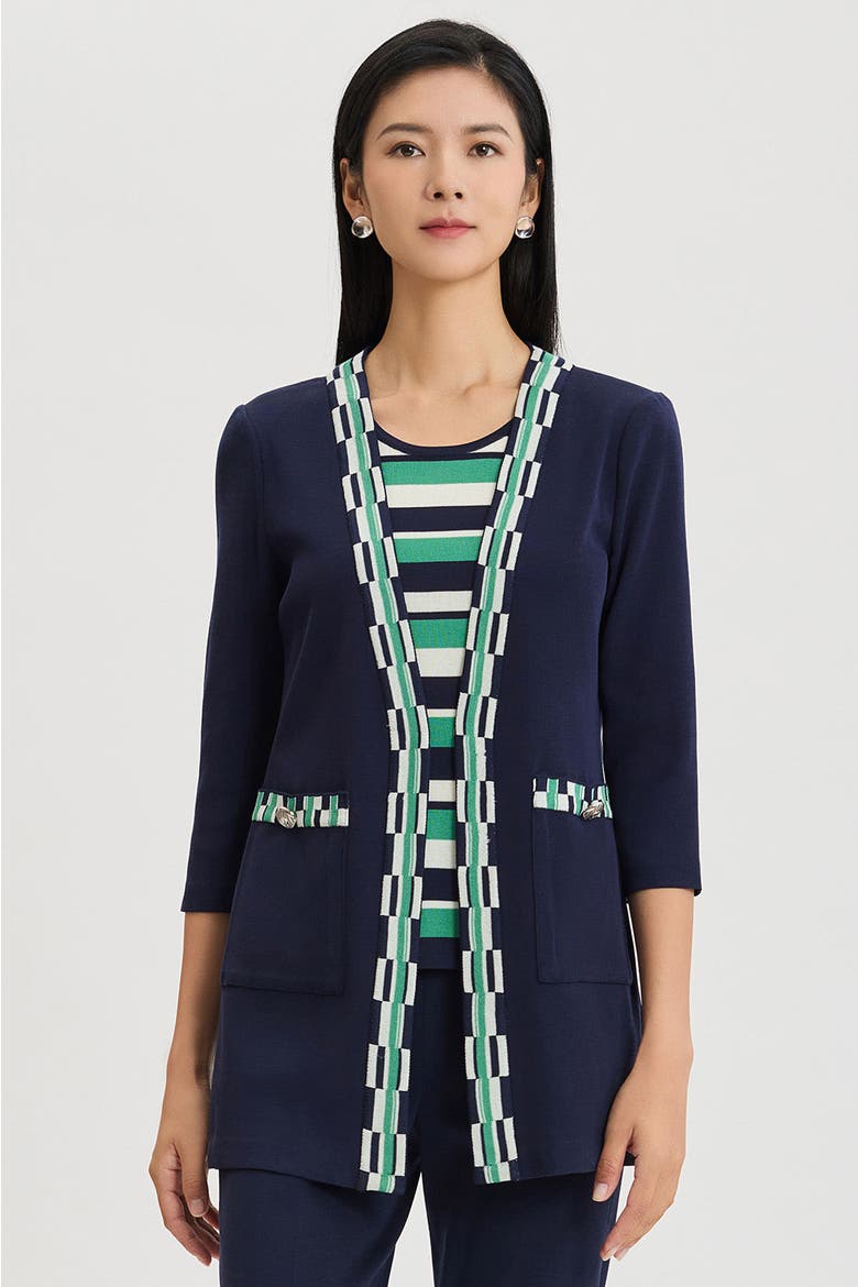 Heritage Checkered Trim Soft Knit Jacket, Alternate, color, Indigo/Kelly Green/Ivory