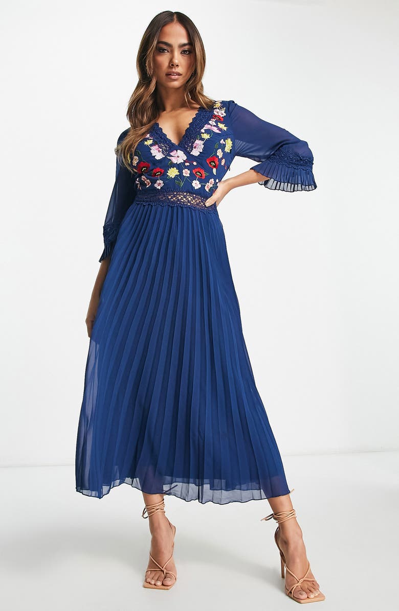 ASOS DESIGN Floral Embroidered Pleated Midi Dress, Main, color, 