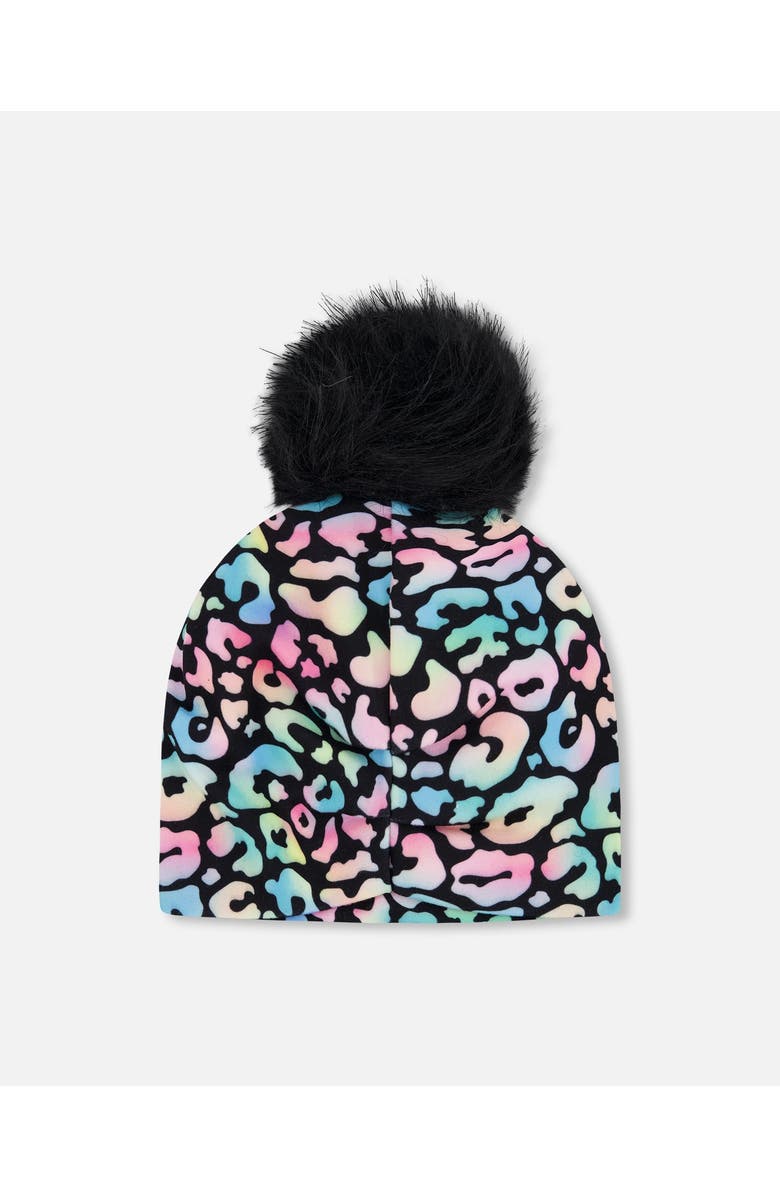 Deux par Deux Stretch Jersey Hat Animal Print with Pompom, Alternate, color, Black Animal Print