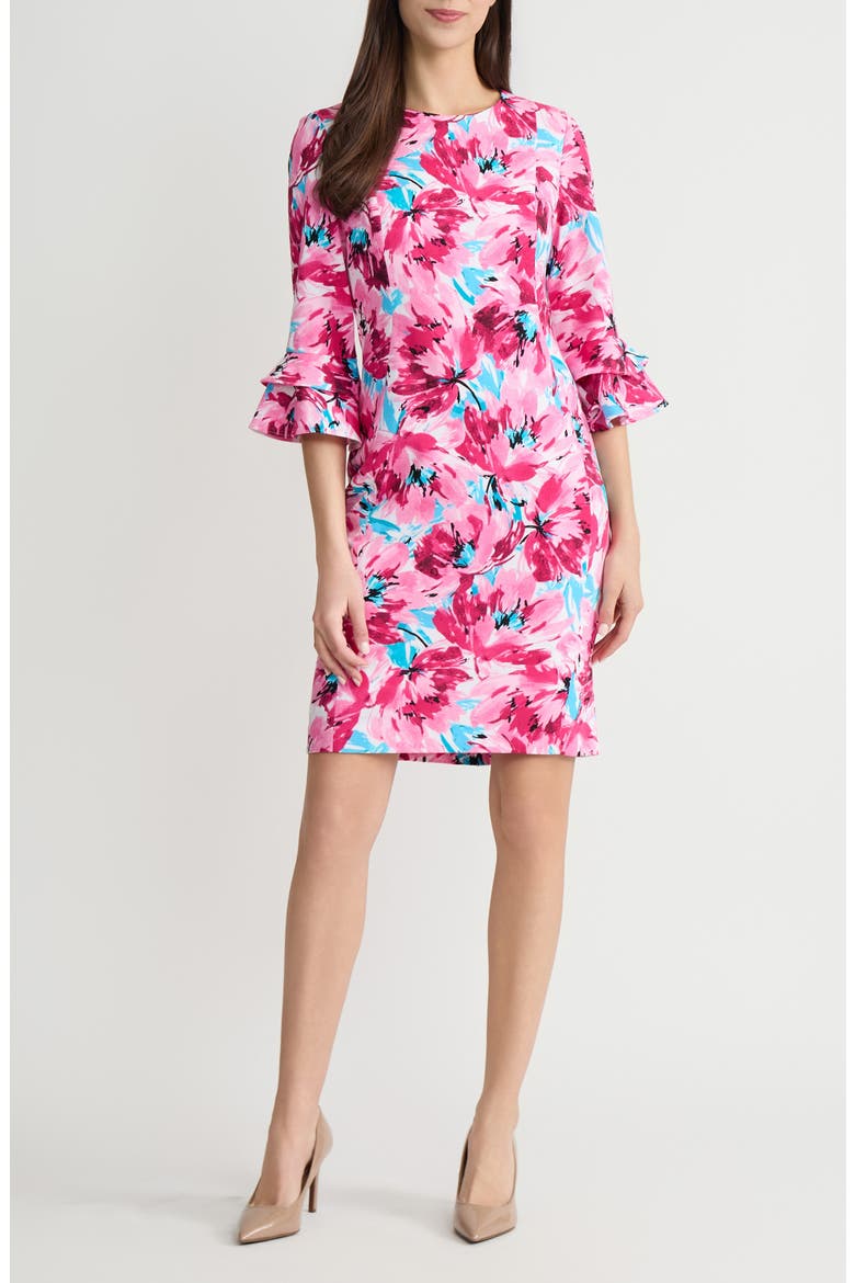 Double Flutter Sleeve Dress, Main, color, LILY WHITE MULTI
