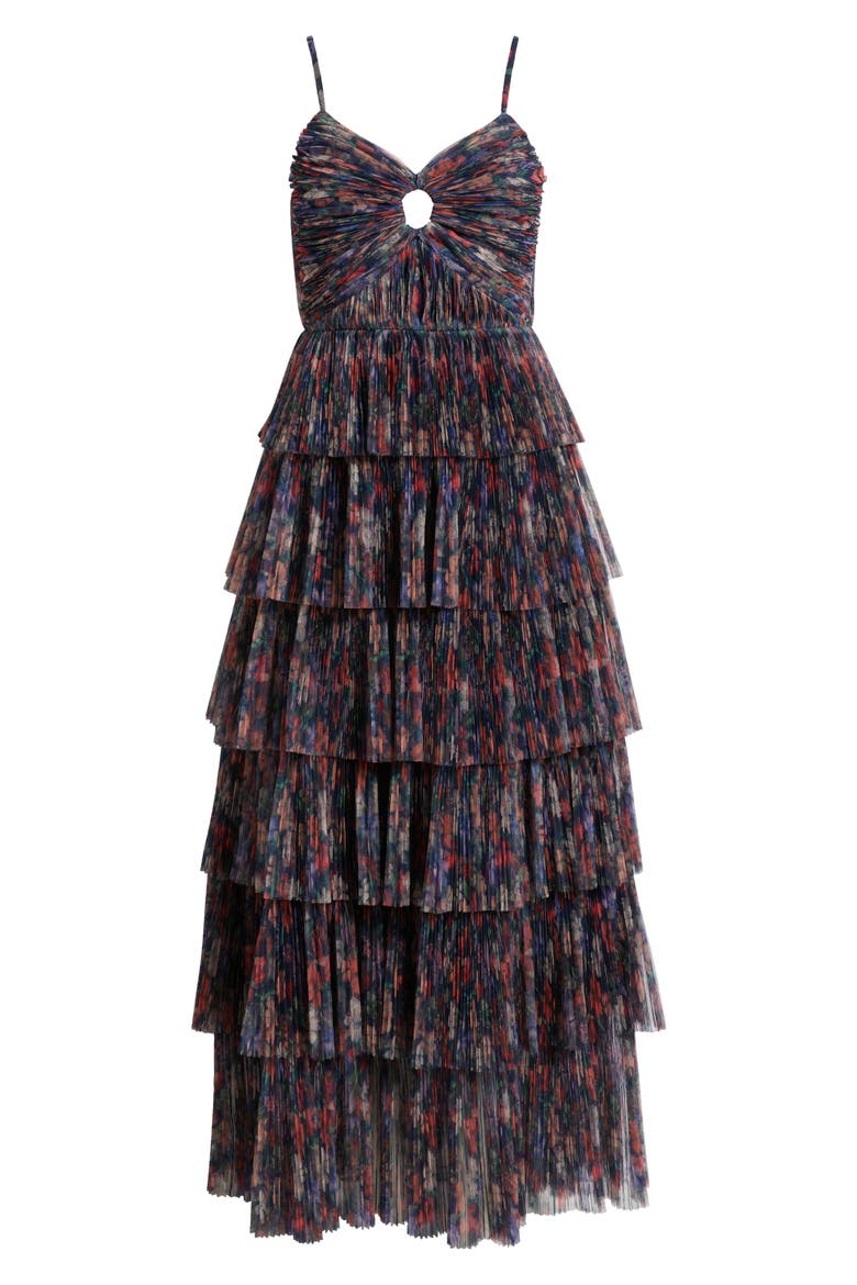 Floral Gathered Tiered Evening Gown, Alternate, color, NAVY GARDEN