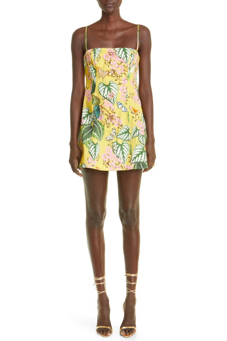 Botanical Print Button Front Stretch Cotton Minidress, Main, color, DAFFODIL MULTI