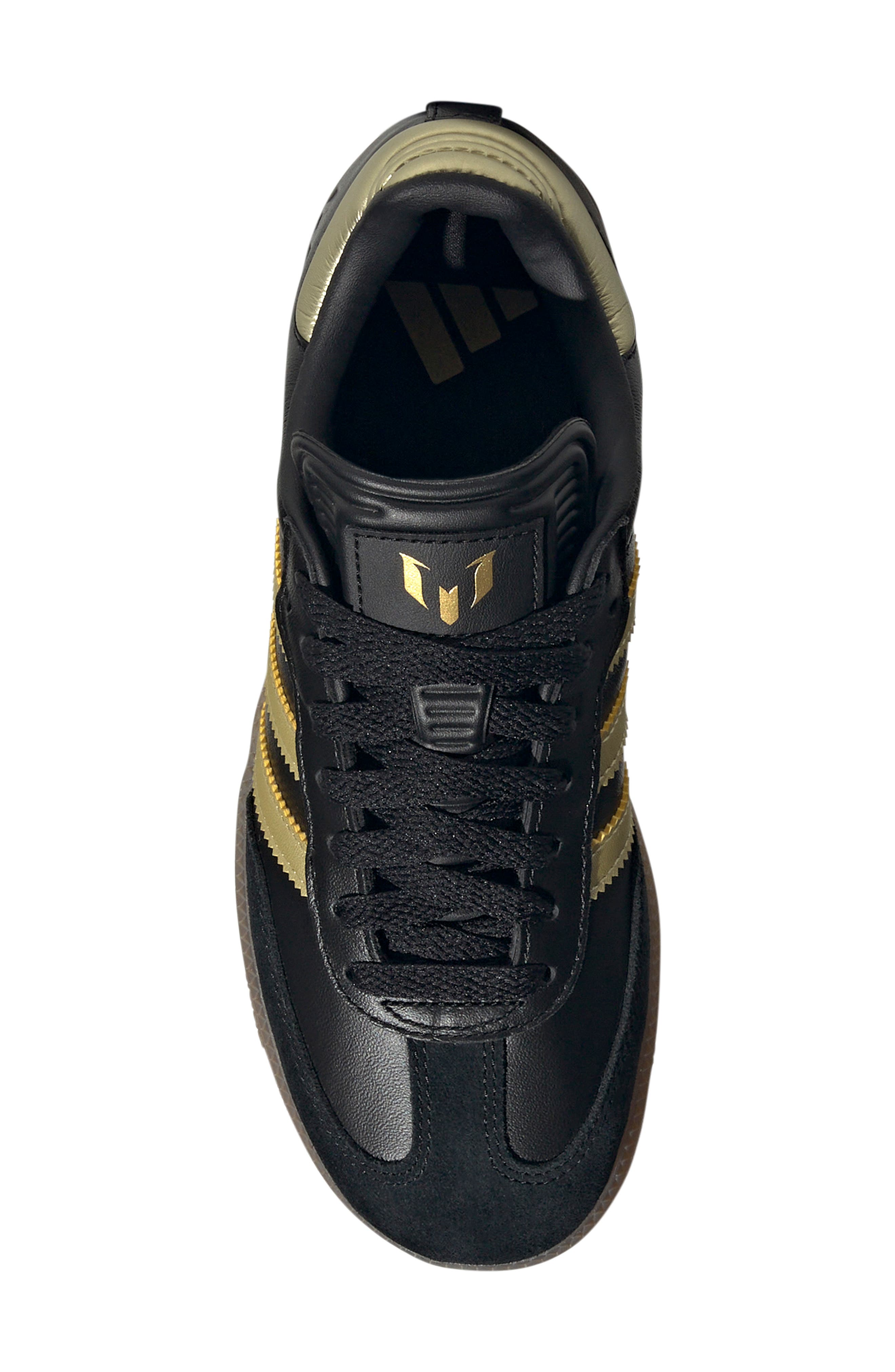 adidas Kids' Samba Messi Indoor Soccer Shoe, Alternate, color, Black/ Gold Metallic/ Gum