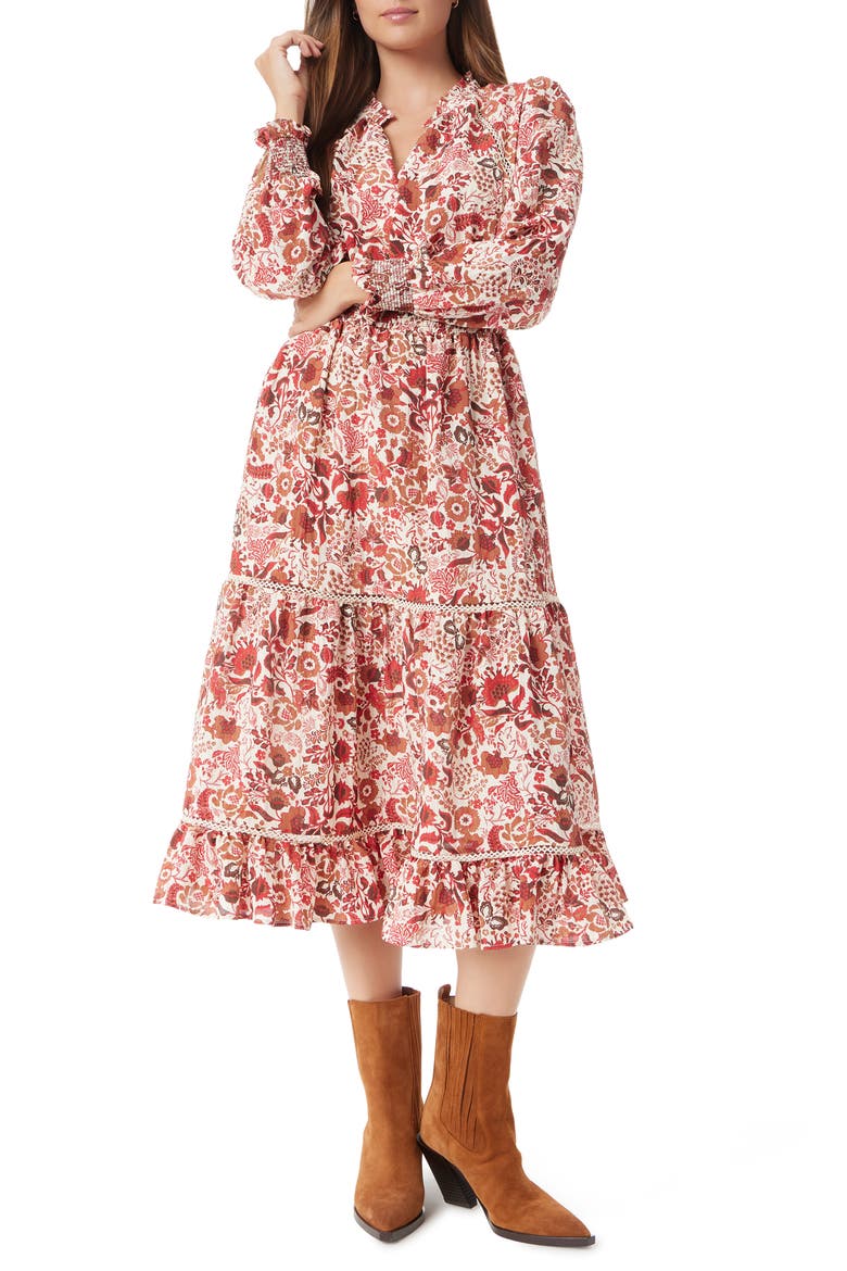 Maya Floral Lace Inset Long Sleeve Midi Dress, Main, color, SEEDPEARL-CHELSEA BOUQUET