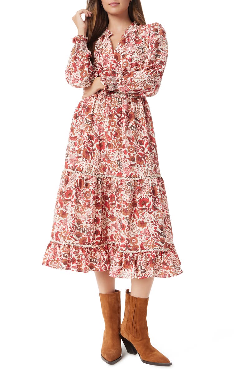 Sam Edelman Maya Floral Lace Inset Long Sleeve Midi Dress, Main, color, Seedpearl-Chelsea Bouquet