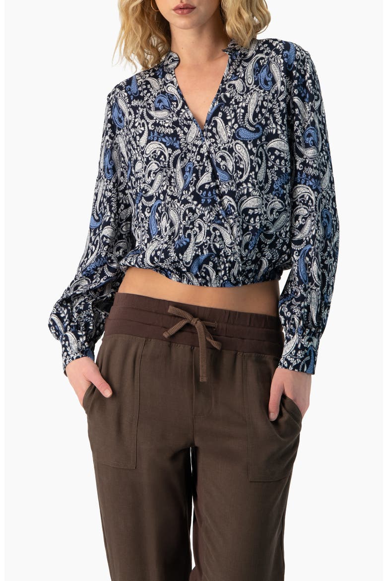 Long Sleeve Paisley V-Neck Blouse, Main, color, Navy Blue