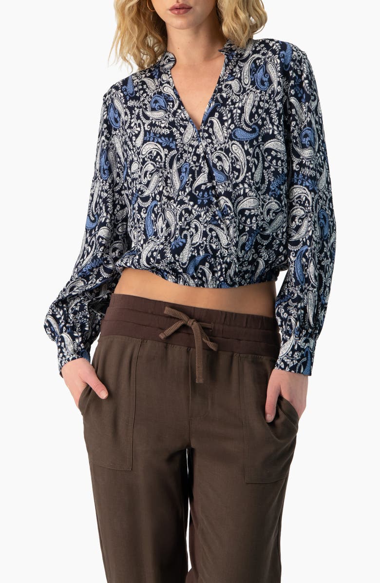IVONNE Long Sleeve Paisley V-Neck Blouse, Main, color, Navy Blue