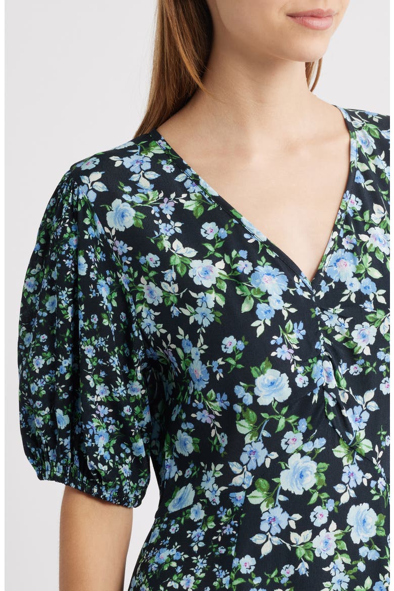 Floral Print Puff Sleeve Midi Dress, Alternate, color, BLUE