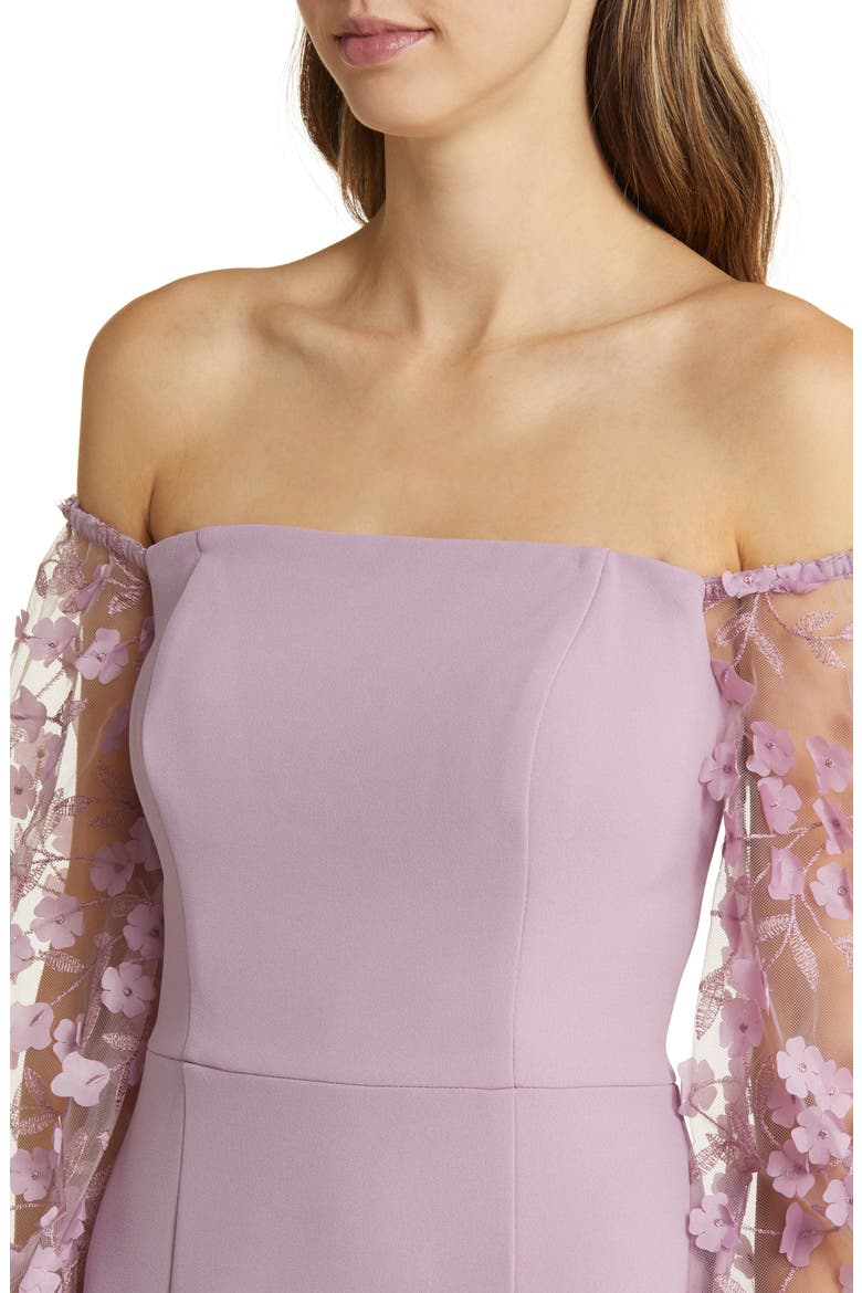 Off the Shoulder 3D Floral Sleeve Scuba Crepe Evening Dress, Alternate, color, MAUVE
