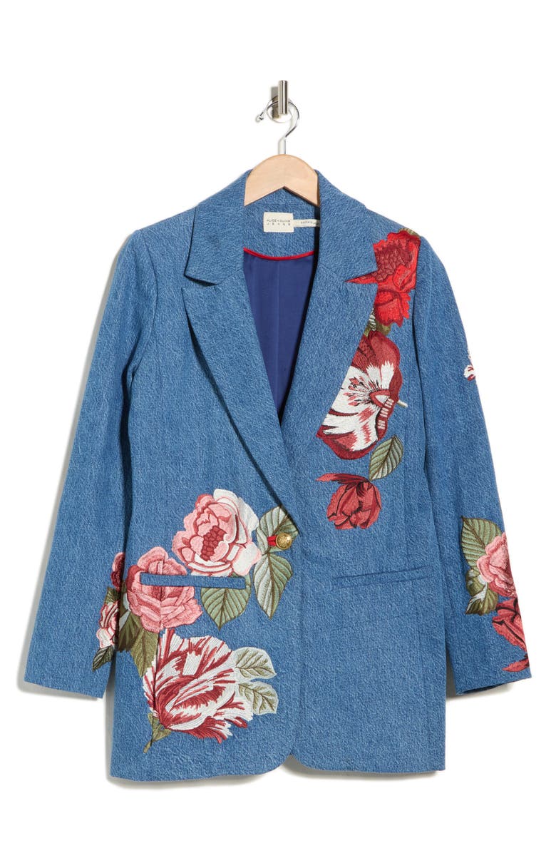 Alice + Olivia Billie Embroidered Boxy Denim Blazer, Alternate, color, Brooklyn Blue/ Multi