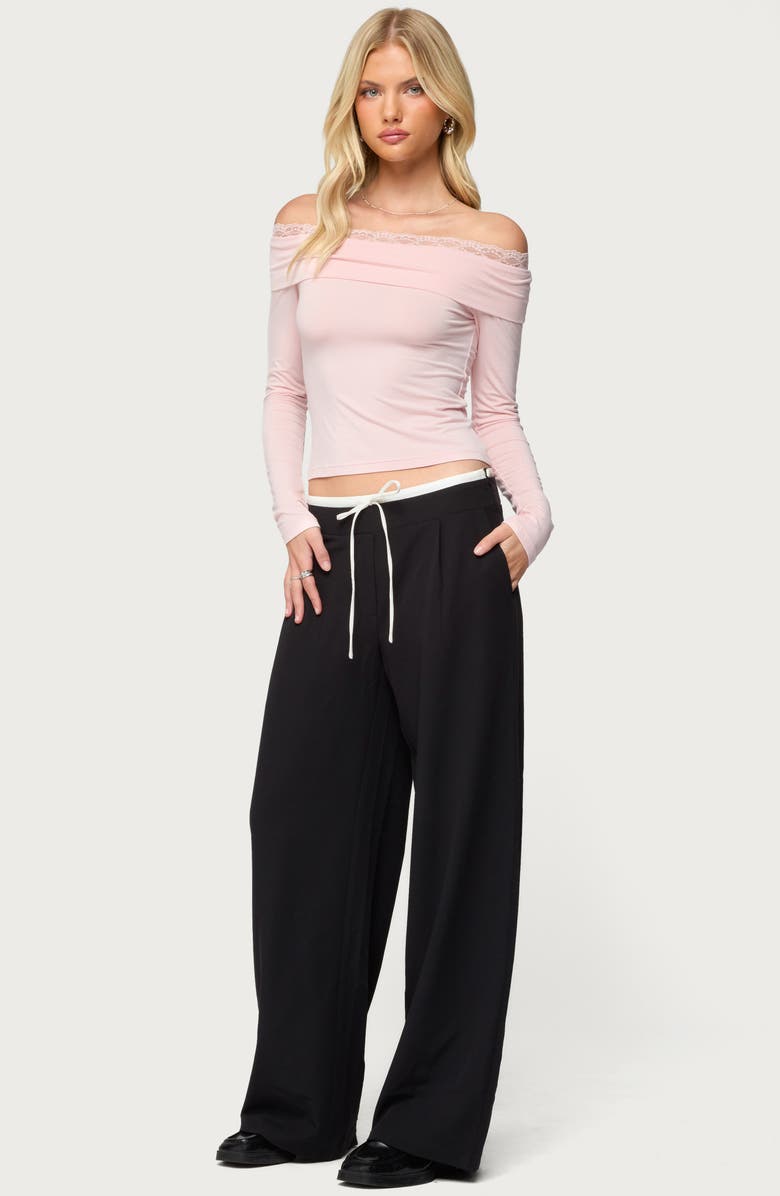 EDIKTED Janus Lacey Foldover Off the Shoulder Top, Alternate, color, Pink