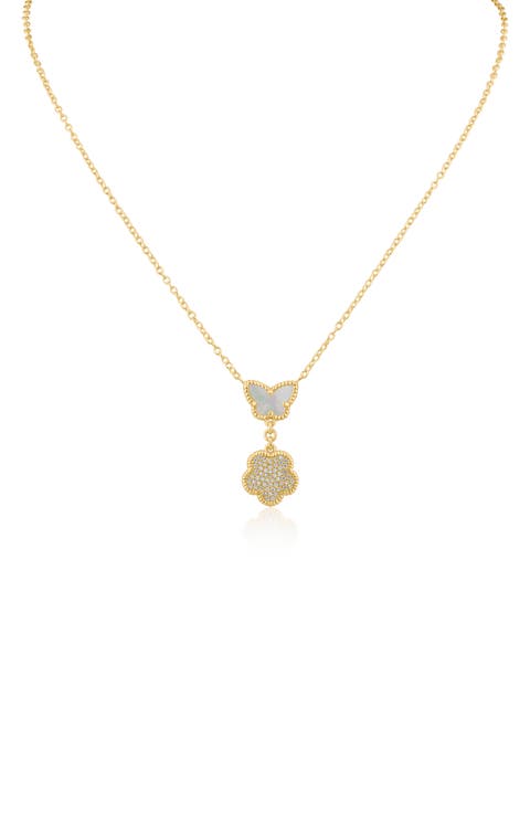 CZ Pavé Butterfly & Clover Drop Pendant Necklace