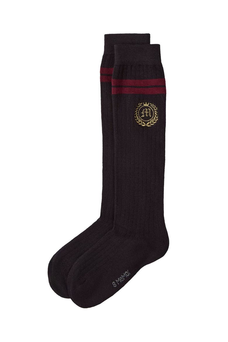 Rich Varsity Striped and Embroidered Crest Knee Socks, Alternate, color, Black