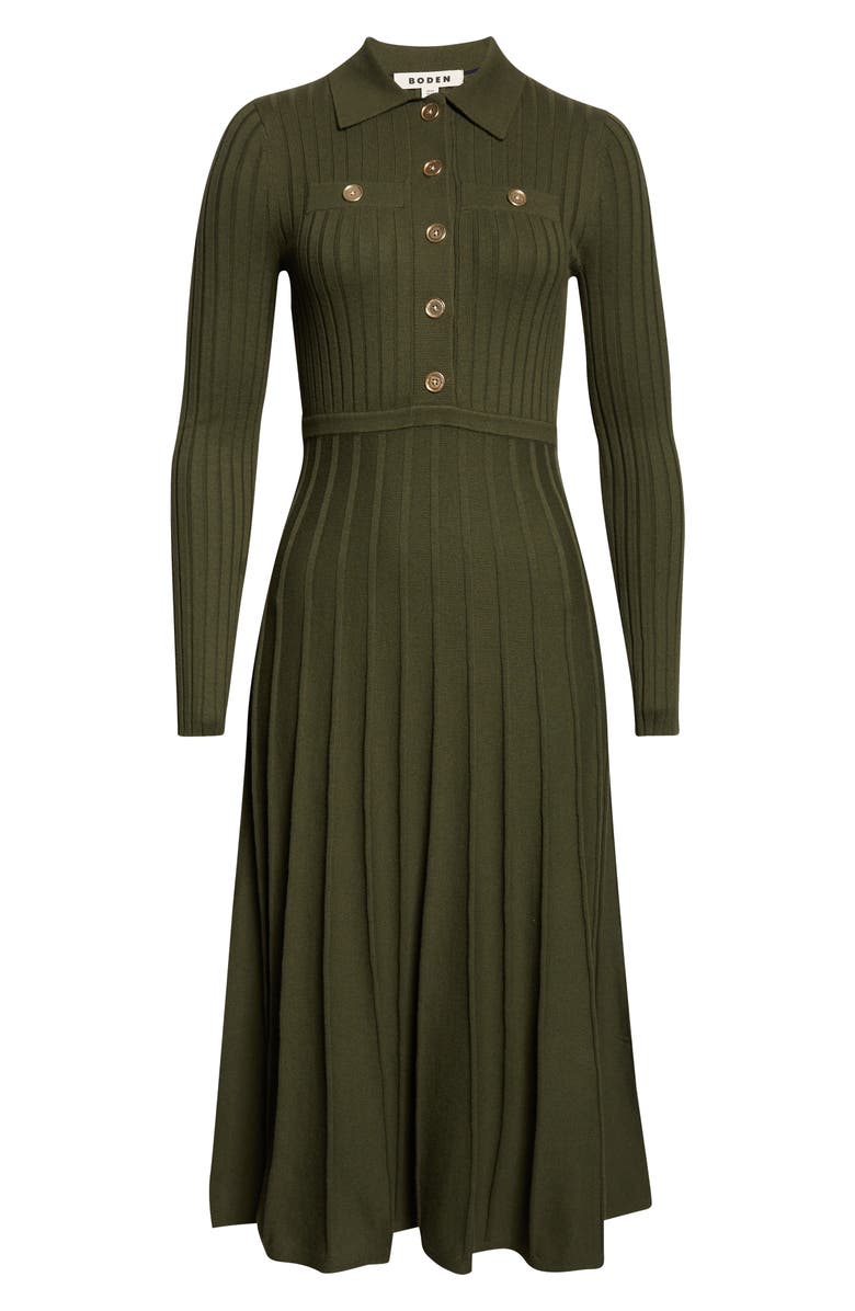 Boden Long Sleeve Rib Knit Shirtdress, Main, color, Woodland Green