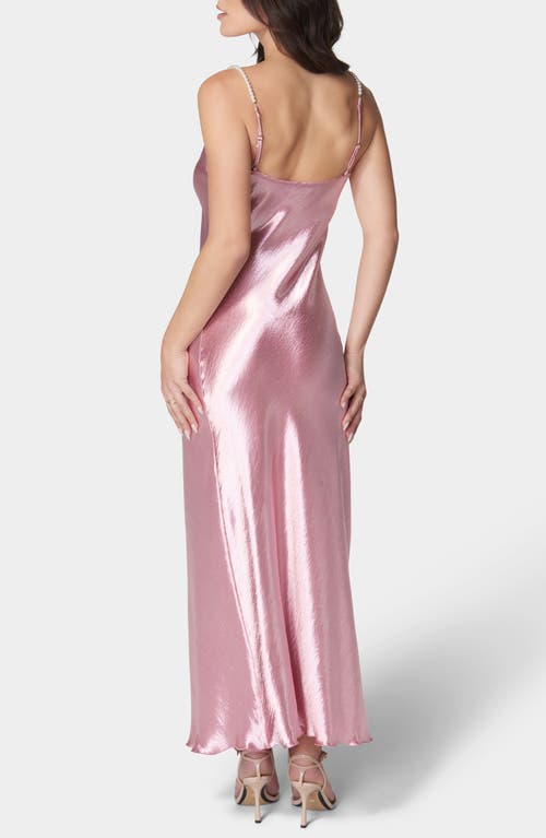 Bebe Hammered Satin Cowl Neck Pearl Strap Maxi Dress In Pink