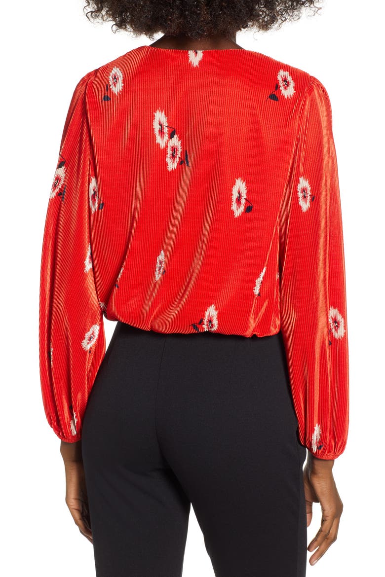 Pleated Long Sleeve Surplice Top, Alternate, color, RED FLORAL