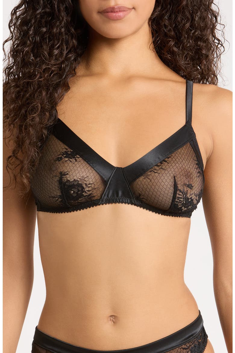 Louise Sheer Satin & Lace Triangle Bralette, Main, color, BLACK