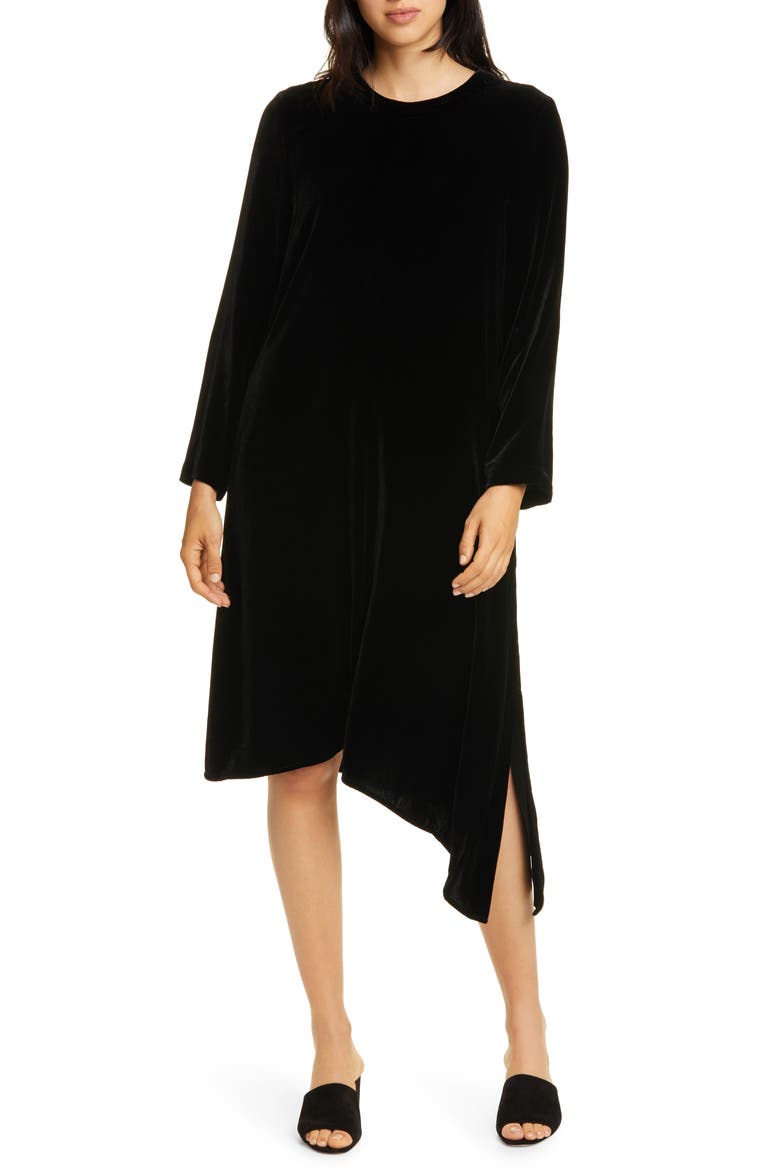 Asymmetrical Hem Velvet Long Sleeve T-Shirt Dress, Main, color, BLACK