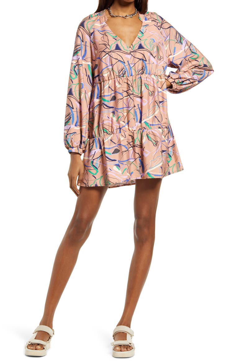 Long Sleeve Tiered Babydoll Dress, Main, color, TAN DOODLE PRINT