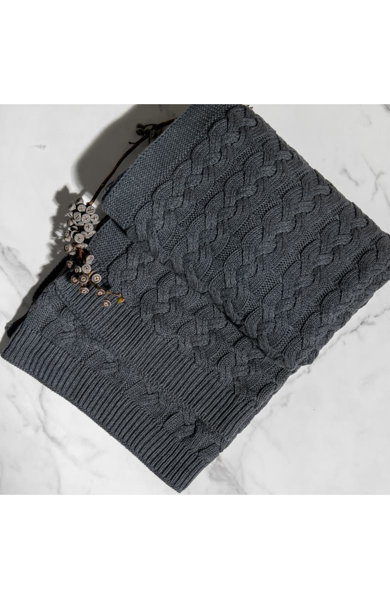 Pink Lemonade Double Cable Organic Cotton Throw Blanket Dark Gray, Main, color, Dark Gray