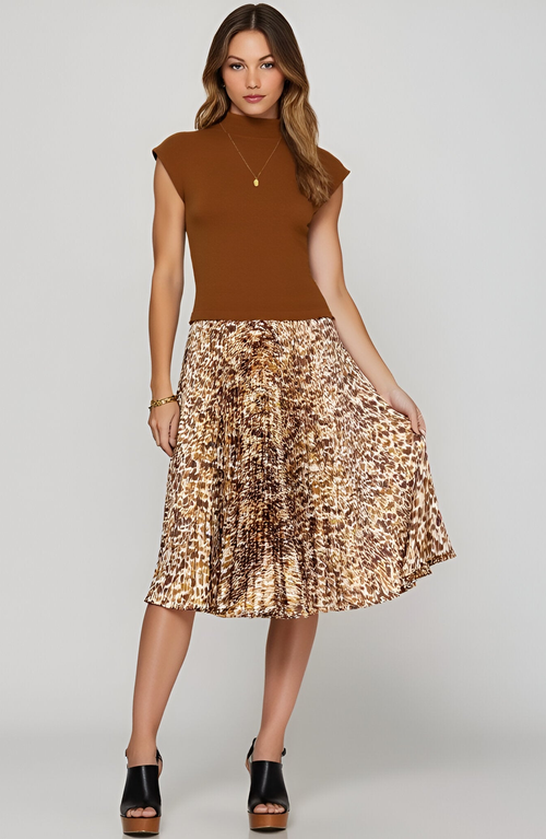 Modenaire Animal Print Pleated Midi Dress In Brown