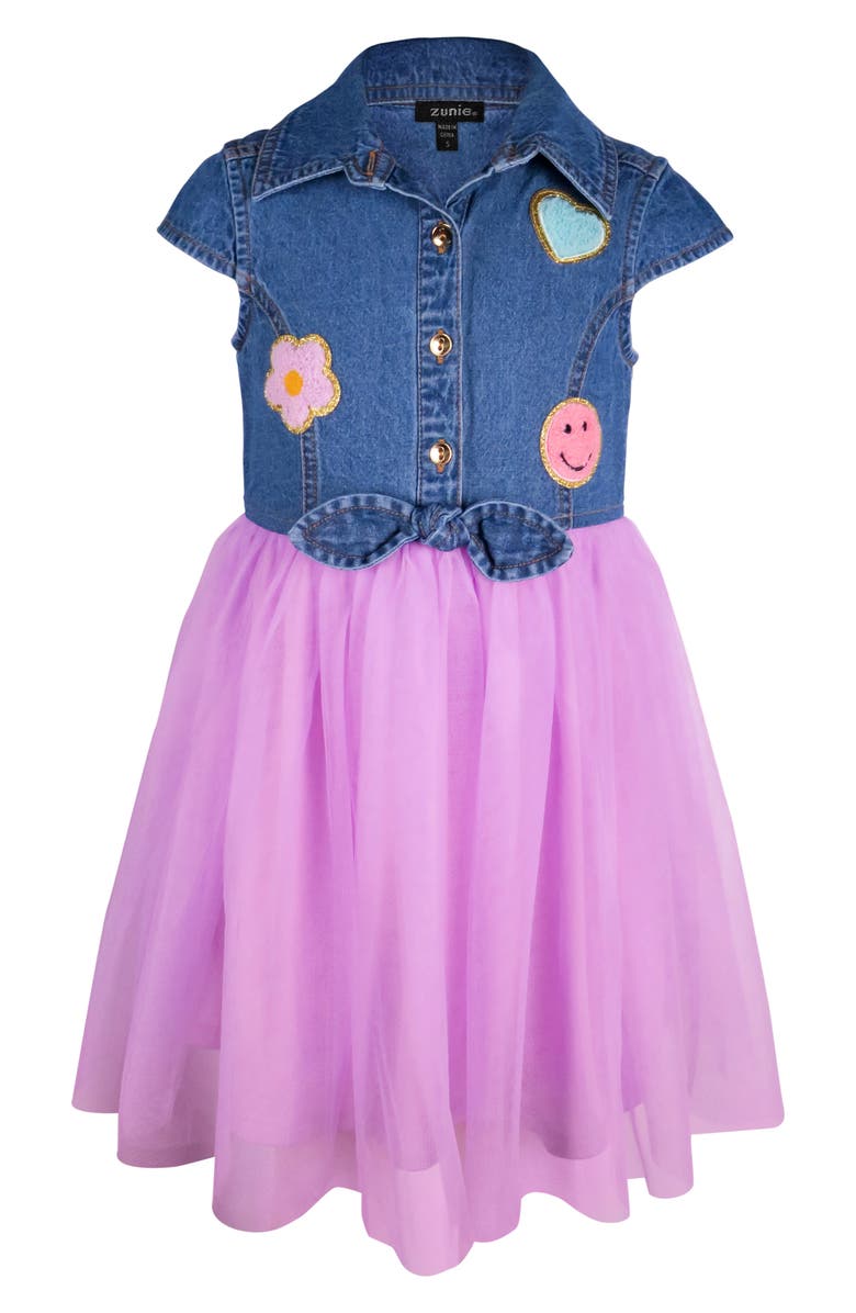 Zunie Kids' Cap Sleeve Mesh Tutu Dress, Main, color, Denim/ Purple