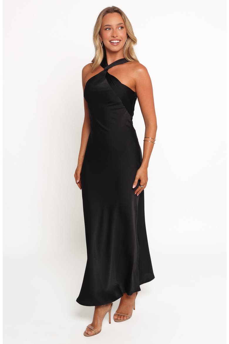 Donata Satin Evening Dress, Alternate, color, BLACK