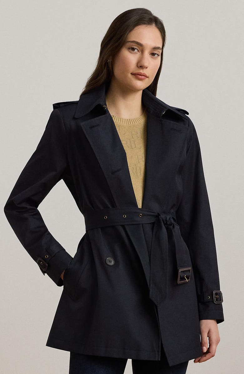 Lauren Ralph Lauren Short Double Breasted Trench Coat, Alternate, color, Dark Navy