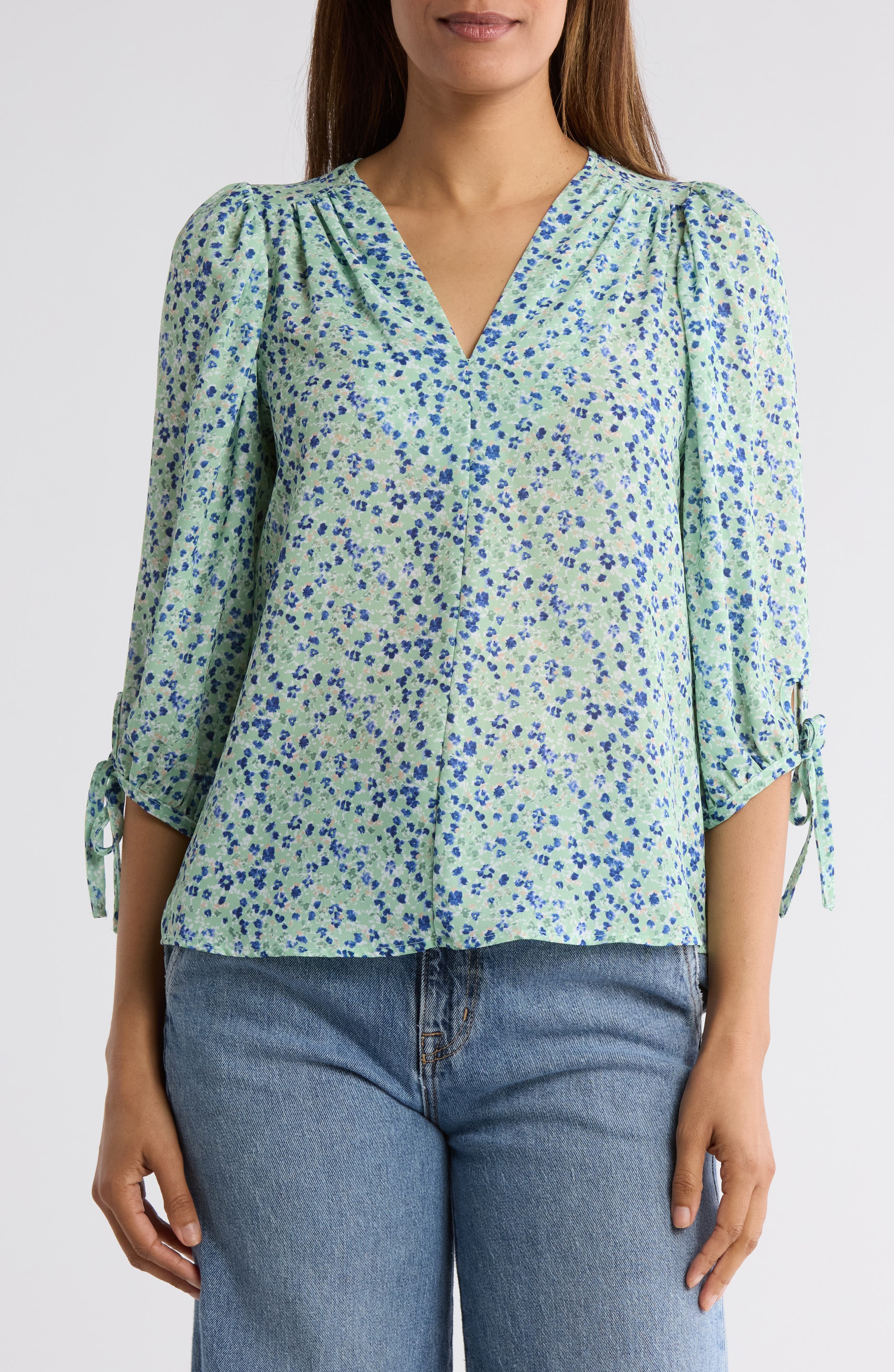 Renee C Ditsy Floral V-Neck Long Sleeve Top
