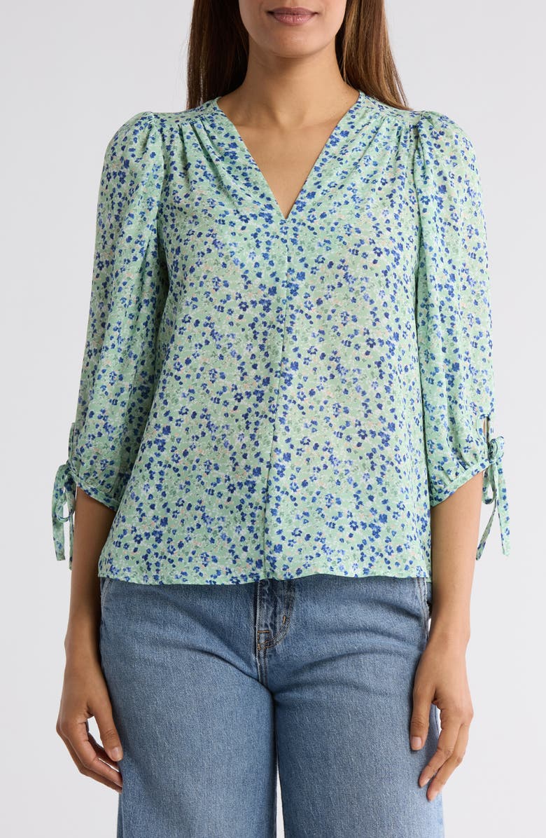 Renee C Ditsy Floral V-Neck Long Sleeve Top, Main, color, Sage
