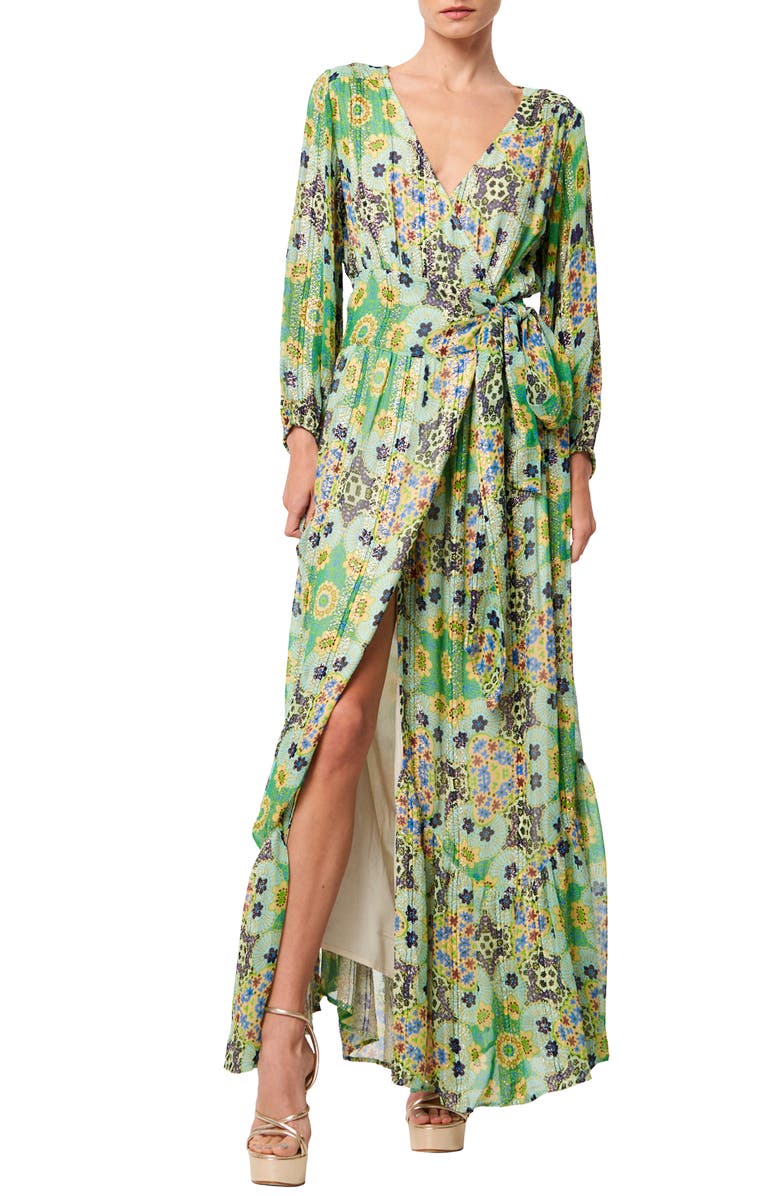 CIEBON Shani Metallic Floral Print Long Sleeve Wrap Dress, Alternate, color, Green Multi