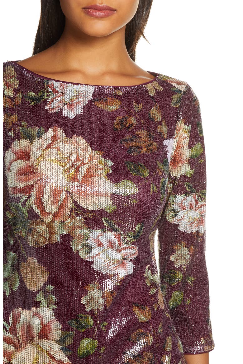 Floral Sequin Shift Dress, Alternate, color, WINE MULTI