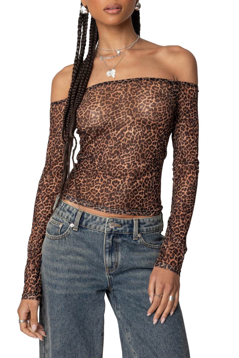 Leopard Print Sheer Mesh Off the Shoulder Top, Main, color, LEOPARD