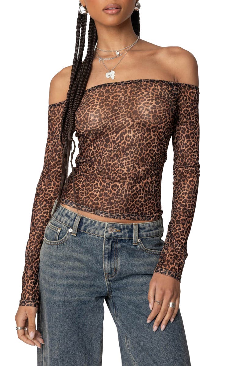 EDIKTED Leopard Print Sheer Mesh Off the Shoulder Top, Main, color, Leopard
