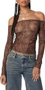 EDIKTED Leopard Print Sheer Mesh Off the Shoulder Top