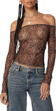 EDIKTED Leopard Print Sheer Mesh Off the Shoulder Top