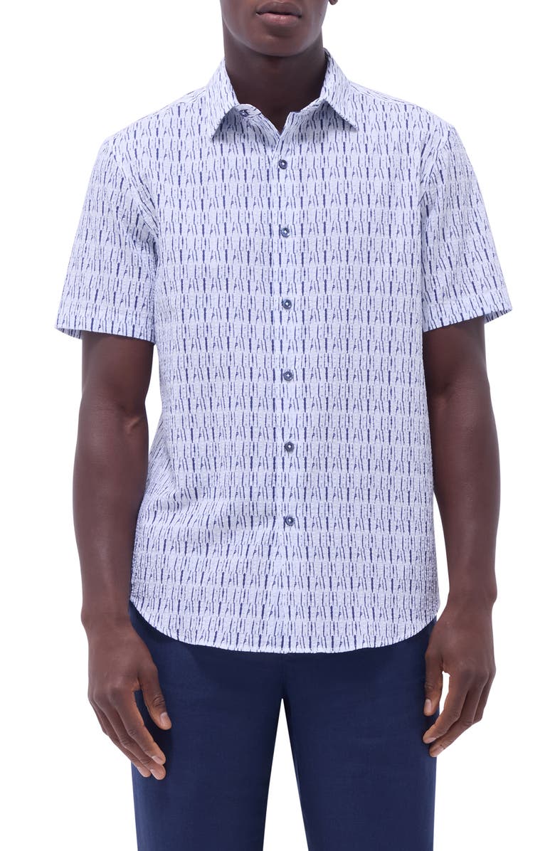Bugatchi Orson Broken Stripe Short Sleeve Cotton Seersucker Button-Up Shirt, Main, color, Salt