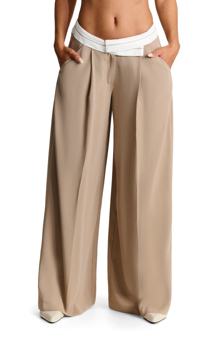 Naked Wardrobe Foldover Waist Wide Leg Trousers, Main, color, Latte