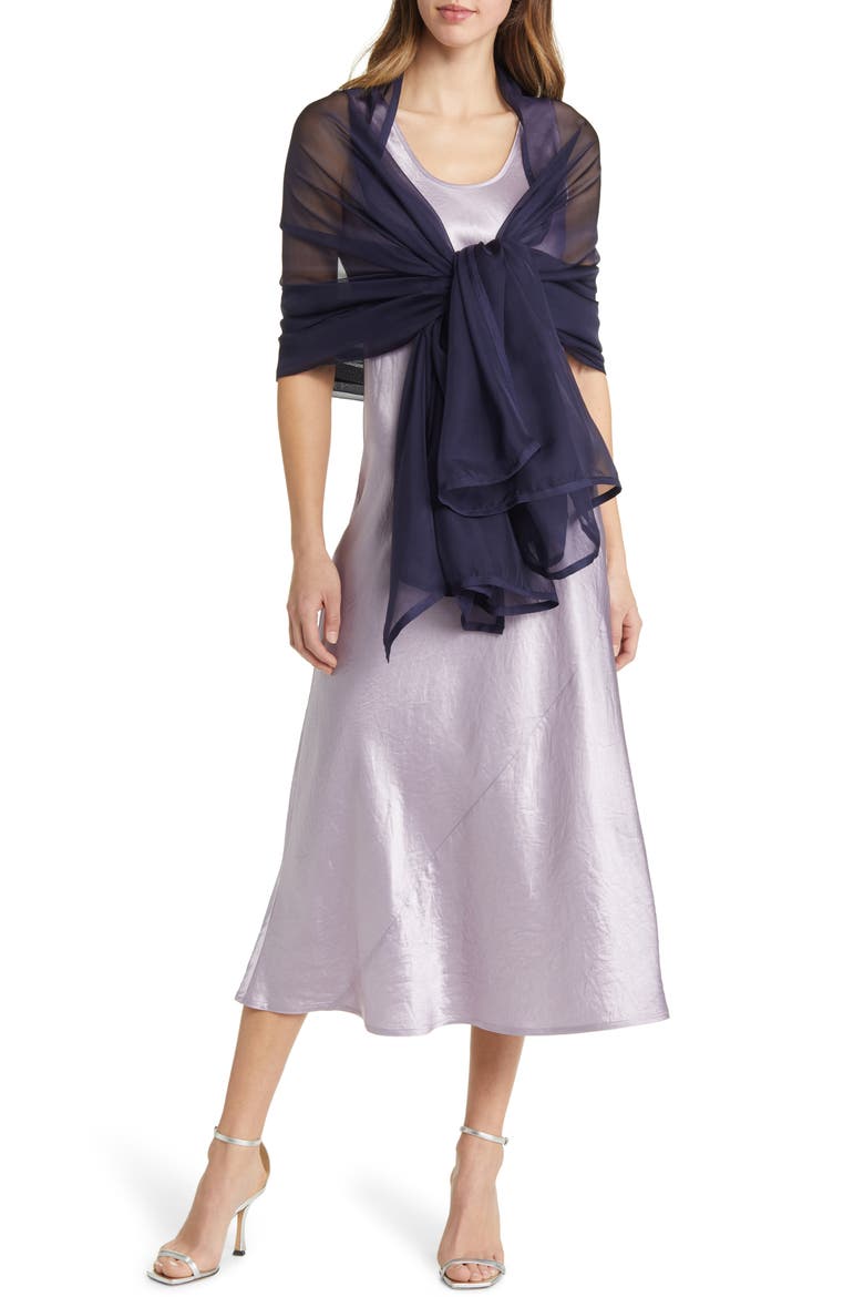 Satin Border Silk Chiffon Scarf, Main, color, NAVY EVENING