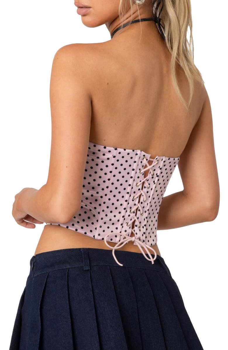 EDIKTED Polka Dot Satin Crop Corset Top, Alternate, color, Light-Pink
