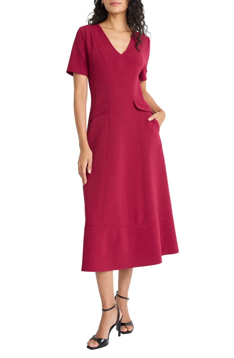 Maggy London Short Sleeve Pocket Fit & Flare Midi Dress, Main, color, Beet Red