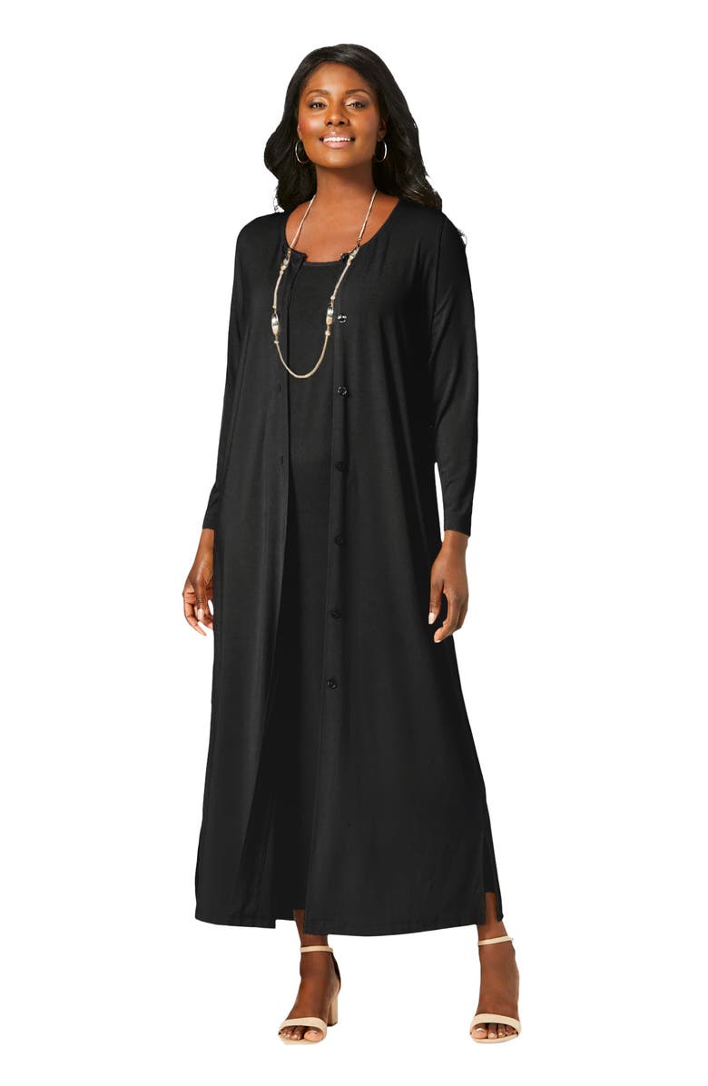 Jessica London 2-Piece Stretch Knit Duster Set, Main, color, Black