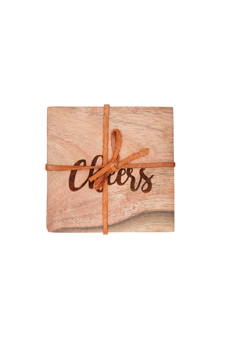 Cheers Wood Coaster Set of 4, Main, color, Brown