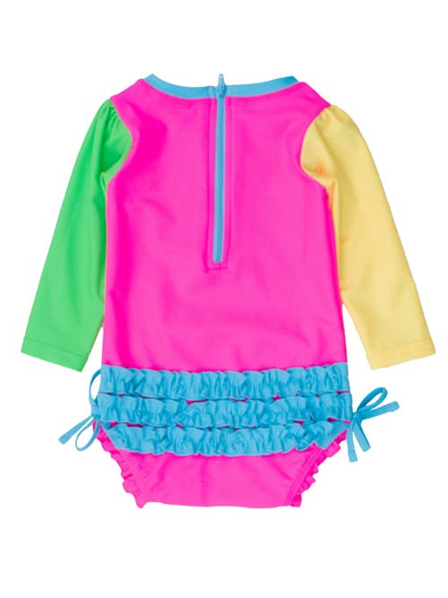 Rufflebutts Baby Girls Long Sleeve Upf50+ One Piece Rash Guard In Neon Color Block