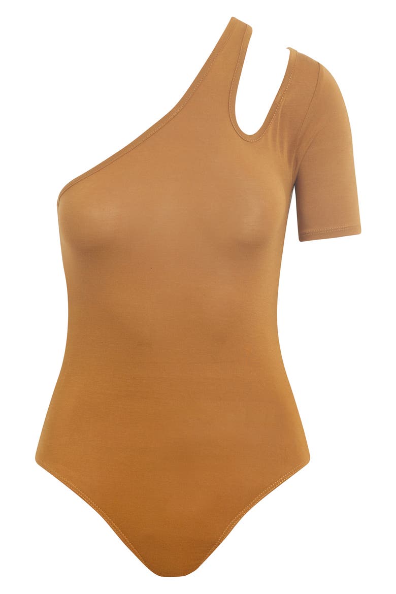 Asymmetric Cutout One-Shoulder Bodysuit, Alternate, color, DESERT SAND